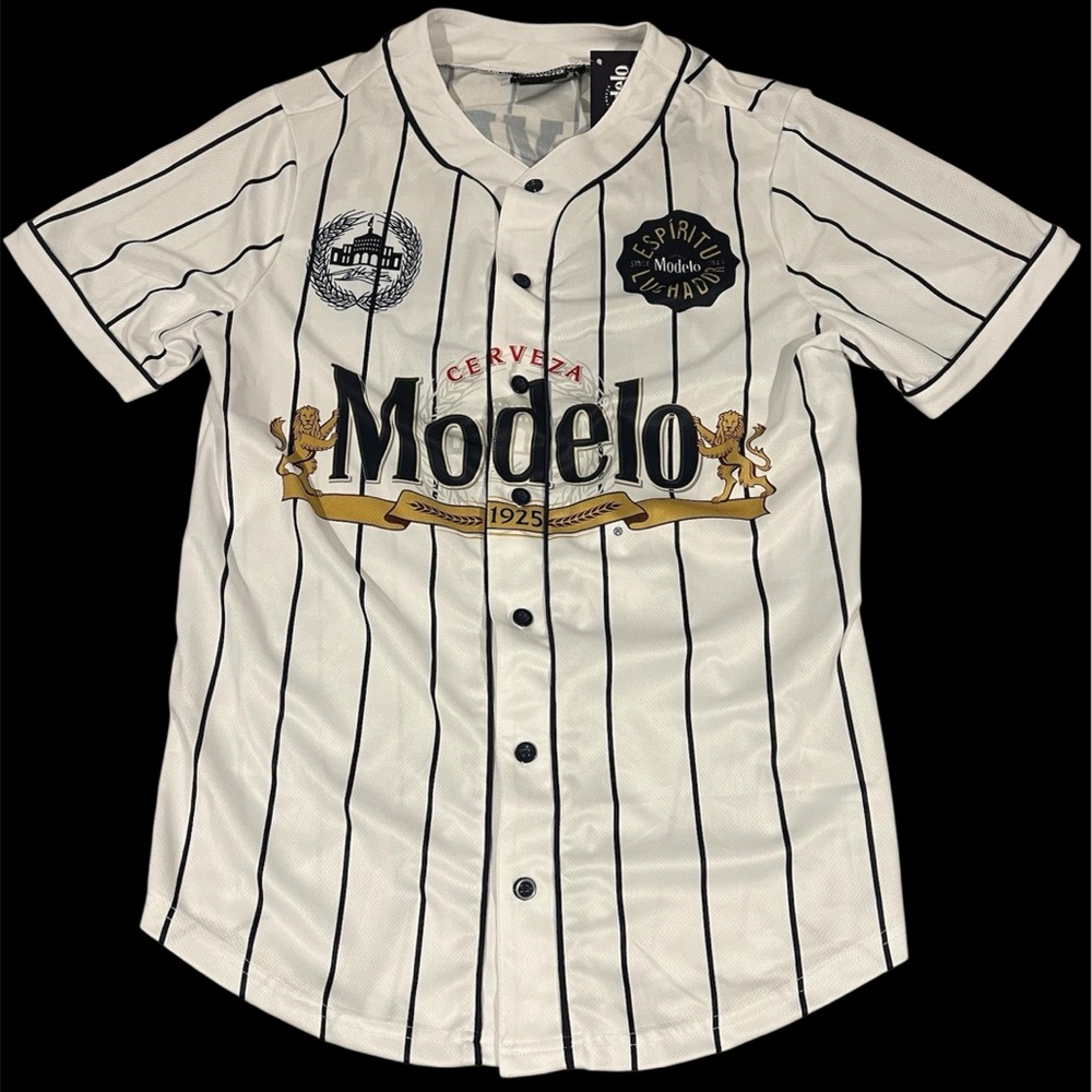 Cerveza Modelo‎ Beer Baseball Jersey Men's Pinstripe Short Sleeve Small NWT